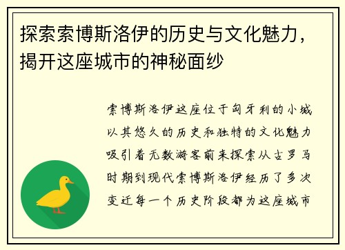 探索索博斯洛伊的历史与文化魅力，揭开这座城市的神秘面纱
