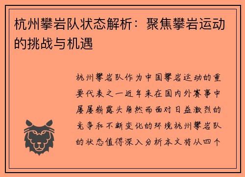 杭州攀岩队状态解析：聚焦攀岩运动的挑战与机遇