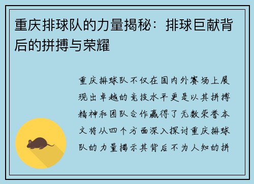 重庆排球队的力量揭秘：排球巨献背后的拼搏与荣耀