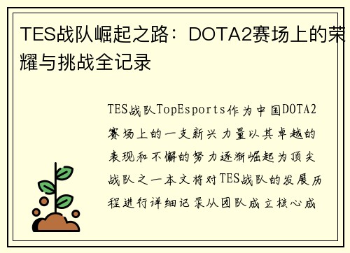 TES战队崛起之路：DOTA2赛场上的荣耀与挑战全记录