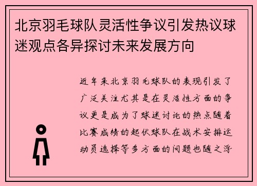 北京羽毛球队灵活性争议引发热议球迷观点各异探讨未来发展方向